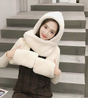 Winter Plush Warm 3 In 1 Hooded Scarf Hat Gloves Set White